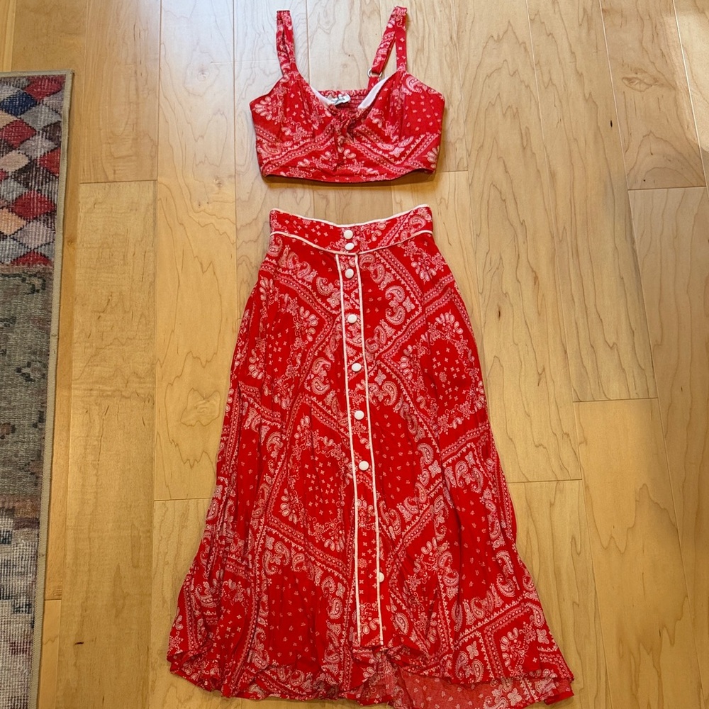 Red Paisley Button-Front Skirt & crop top- Unique Vintage